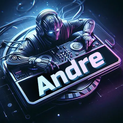 Personaje DJ robot con diseño futurista, usando auriculares y parado frente a una consola de música avanzada que emite luz azul neón y cables conectados. El nombre Andre está escrito en 3D destacado sobre la consola de música en la parte frontal de la imagen.