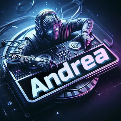 Estilo cyberpunk con DJ robot tocando, nombre en primer plano con iluminación neón. - Andrea Estilo cyberpunk con DJ robot tocando, nombre en primer plano con iluminación neón. - Andrea