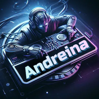 Estilo cyberpunk con DJ robot tocando, nombre en primer plano con iluminación neón. - Andreina Estilo cyberpunk con DJ robot tocando, nombre en primer plano con iluminación neón. - Andreina