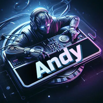 Estilo cyberpunk con DJ robot tocando, nombre en primer plano con iluminación neón. - Andy