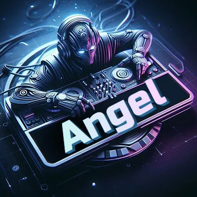 Personaje DJ robot con diseño futurista, usando auriculares y parado frente a una consola de música avanzada que emite luz azul neón y cables conectados. El nombre Angel está escrito en 3D destacado sobre la consola de música en la parte frontal de la imagen.