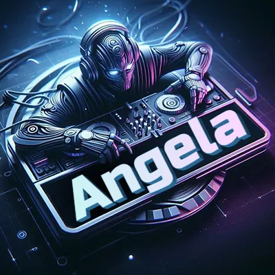 Estilo cyberpunk con DJ robot tocando, nombre en primer plano con iluminación neón. - Angel