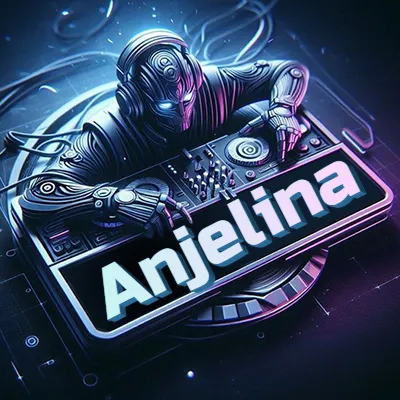 Estilo cyberpunk con DJ robot tocando, nombre en primer plano con iluminación neón. - Anjelina