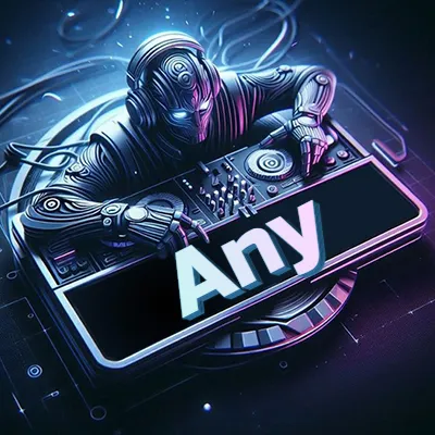 Estilo cyberpunk con DJ robot tocando, nombre en primer plano con iluminación neón. - Any Estilo cyberpunk con DJ robot tocando, nombre en primer plano con iluminación neón. - Any