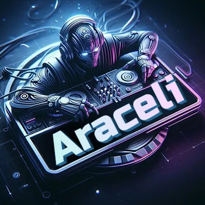 Estilo cyberpunk con DJ robot tocando, nombre en primer plano con iluminación neón. - Araceli Estilo cyberpunk con DJ robot tocando, nombre en primer plano con iluminación neón. - Araceli