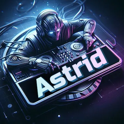 Estilo cyberpunk con DJ robot tocando, nombre en primer plano con iluminación neón. - Astrid