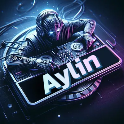 Estilo cyberpunk con DJ robot tocando, nombre en primer plano con iluminación neón. - Aylin