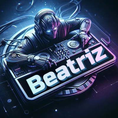 Estilo cyberpunk con DJ robot tocando, nombre en primer plano con iluminación neón. - Beatriz