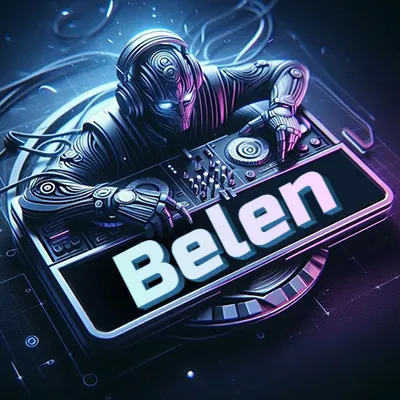 Estilo cyberpunk con DJ robot tocando, nombre en primer plano con iluminación neón. - Belen