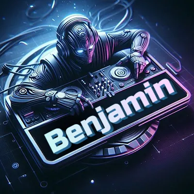 Estilo cyberpunk con DJ robot tocando, nombre en primer plano con iluminación neón. - Benjamin Estilo cyberpunk con DJ robot tocando, nombre en primer plano con iluminación neón. - Benjamin