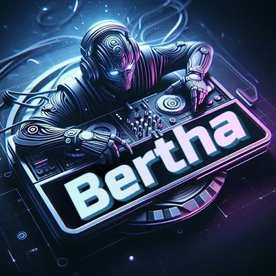 Estilo cyberpunk con DJ robot tocando, nombre en primer plano con iluminación neón. - Bertha Estilo cyberpunk con DJ robot tocando, nombre en primer plano con iluminación neón. - Bertha