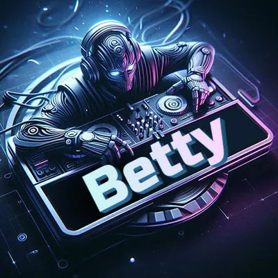 Estilo cyberpunk con DJ robot tocando, nombre en primer plano con iluminación neón. - Betty