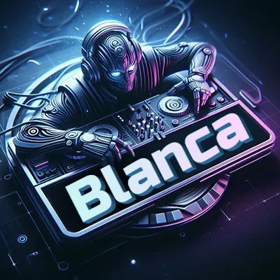 Estilo cyberpunk con DJ robot tocando, nombre en primer plano con iluminación neón. - Blanca