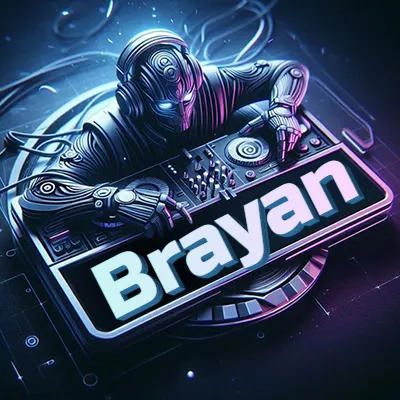 Estilo cyberpunk con DJ robot tocando, nombre en primer plano con iluminación neón. - Brayan
