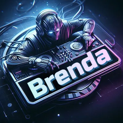 Estilo cyberpunk con DJ robot tocando, nombre en primer plano con iluminación neón. - Brenda