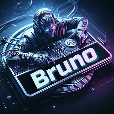 Estilo cyberpunk con DJ robot tocando, nombre en primer plano con iluminación neón. - Bruno