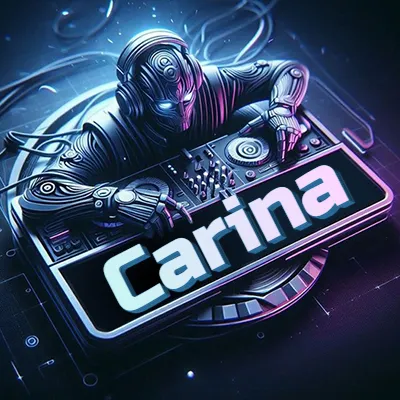 Estilo cyberpunk con DJ robot tocando, nombre en primer plano con iluminación neón. - Carina