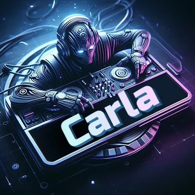 Estilo cyberpunk con DJ robot tocando, nombre en primer plano con iluminación neón. - Carla