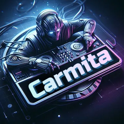 Estilo cyberpunk con DJ robot tocando, nombre en primer plano con iluminación neón. - Carmita