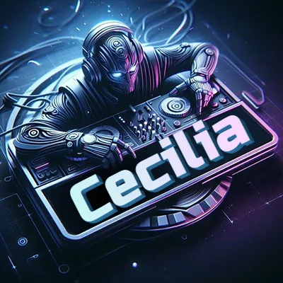 Estilo cyberpunk con DJ robot tocando, nombre en primer plano con iluminación neón. - Ceci