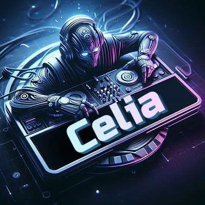 Estilo cyberpunk con DJ robot tocando, nombre en primer plano con iluminación neón. - Celia