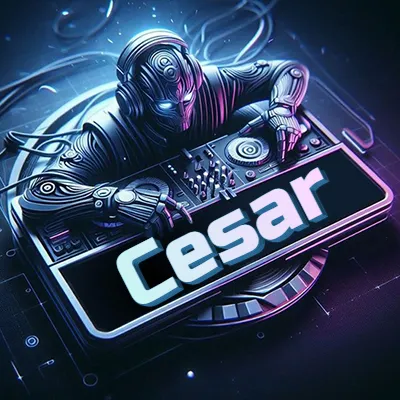 Estilo cyberpunk con DJ robot tocando, nombre en primer plano con iluminación neón. - Cesar