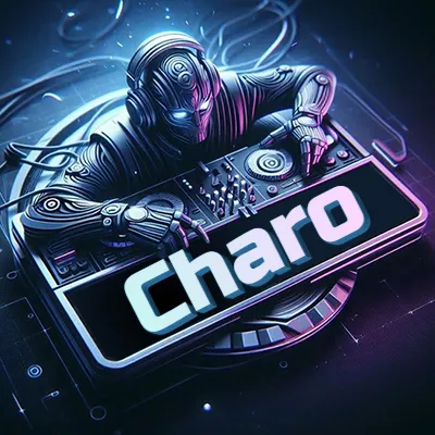 Estilo cyberpunk con DJ robot tocando, nombre en primer plano con iluminación neón. - Charo