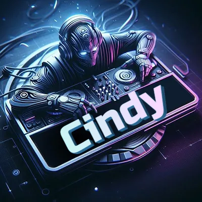 Estilo cyberpunk con DJ robot tocando, nombre en primer plano con iluminación neón. - Cindy