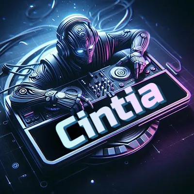 Estilo cyberpunk con DJ robot tocando, nombre en primer plano con iluminación neón. - Cintia