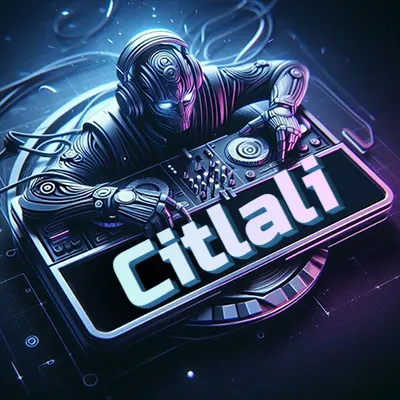 Estilo cyberpunk con DJ robot tocando, nombre en primer plano con iluminación neón. - Citlali