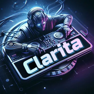 Estilo cyberpunk con DJ robot tocando, nombre en primer plano con iluminación neón. - Clarita