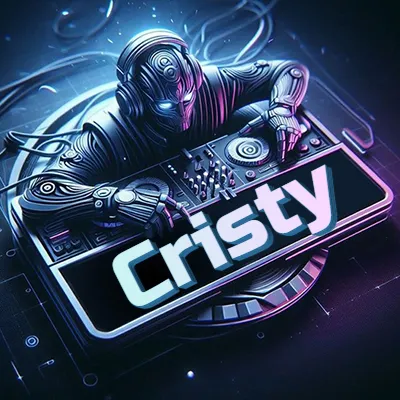Estilo cyberpunk con DJ robot tocando, nombre en primer plano con iluminación neón. - Cris
