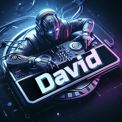 Estilo cyberpunk con DJ robot tocando, nombre en primer plano con iluminación neón. - David