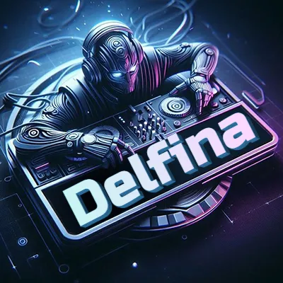 Estilo cyberpunk con DJ robot tocando, nombre en primer plano con iluminación neón. - Delfina