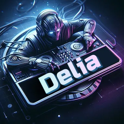 Estilo cyberpunk con DJ robot tocando, nombre en primer plano con iluminación neón. - Delia