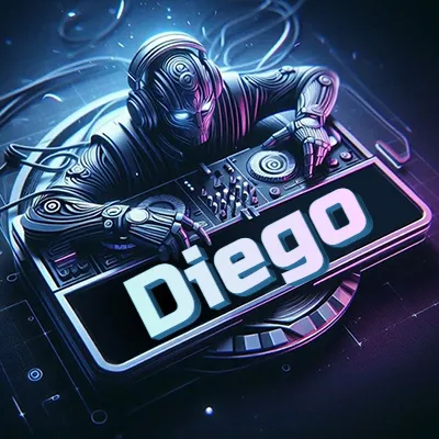 Estilo cyberpunk con DJ robot tocando, nombre en primer plano con iluminación neón. - Diego Estilo cyberpunk con DJ robot tocando, nombre en primer plano con iluminación neón. - Diego