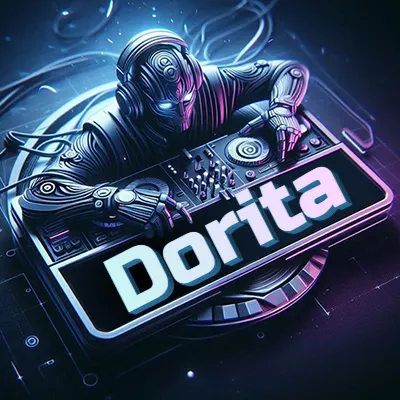 Estilo cyberpunk con DJ robot tocando, nombre en primer plano con iluminación neón. - Dorita