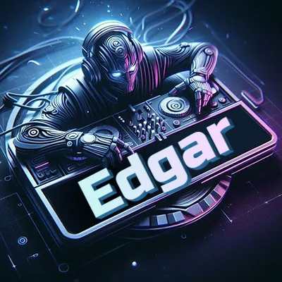 Estilo cyberpunk con DJ robot tocando, nombre en primer plano con iluminación neón. - Edgar