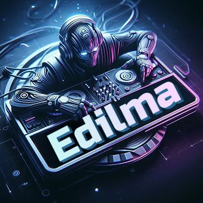 Estilo cyberpunk con DJ robot tocando, nombre en primer plano con iluminación neón. - Edilma Estilo cyberpunk con DJ robot tocando, nombre en primer plano con iluminación neón. - Edilma