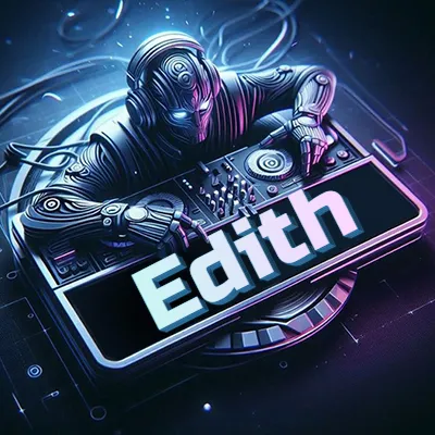 Estilo cyberpunk con DJ robot tocando, nombre en primer plano con iluminación neón. - Edith