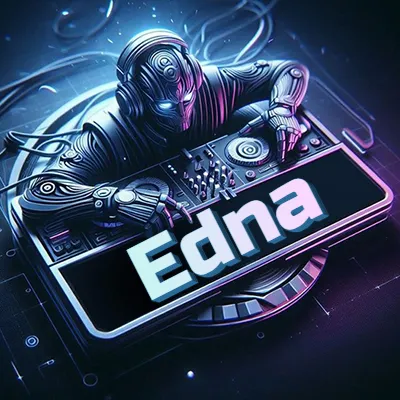 Estilo cyberpunk con DJ robot tocando, nombre en primer plano con iluminación neón. - Edna Estilo cyberpunk con DJ robot tocando, nombre en primer plano con iluminación neón. - Edna