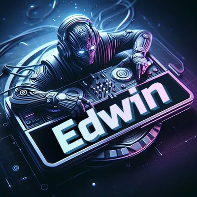 Estilo cyberpunk con DJ robot tocando, nombre en primer plano con iluminación neón. - Edwin