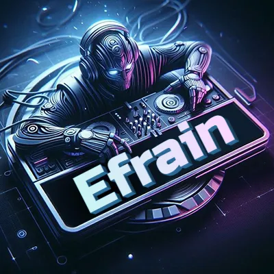 Estilo cyberpunk con DJ robot tocando, nombre en primer plano con iluminación neón. - Efrain