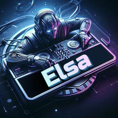 Estilo cyberpunk con DJ robot tocando, nombre en primer plano con iluminación neón. - Elsa