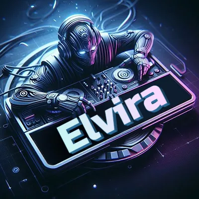 Estilo cyberpunk con DJ robot tocando, nombre en primer plano con iluminación neón. - Elvira