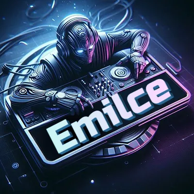 Estilo cyberpunk con DJ robot tocando, nombre en primer plano con iluminación neón. - Emilce Estilo cyberpunk con DJ robot tocando, nombre en primer plano con iluminación neón. - Emilce