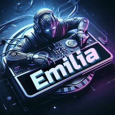 Estilo cyberpunk con DJ robot tocando, nombre en primer plano con iluminación neón. - Emilia