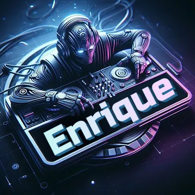 Estilo cyberpunk con DJ robot tocando, nombre en primer plano con iluminación neón. - Enrique