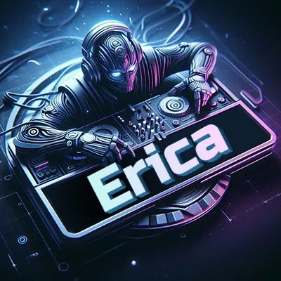 Estilo cyberpunk con DJ robot tocando, nombre en primer plano con iluminación neón. - Erica