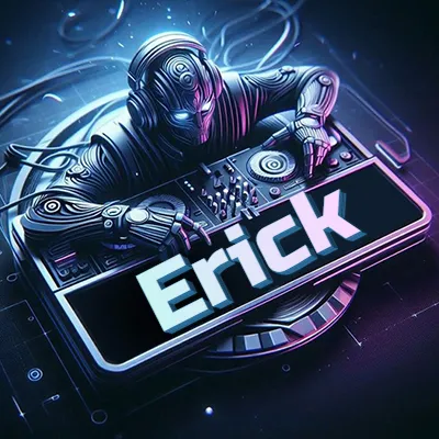 Estilo cyberpunk con DJ robot tocando, nombre en primer plano con iluminación neón. - Erick
